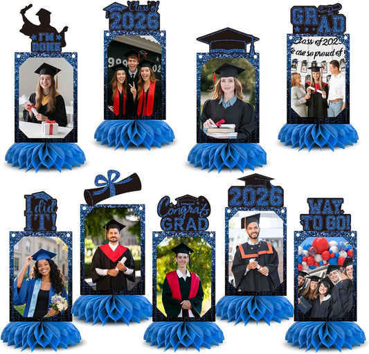 9 PCS Graduation Party Decorations Class of 2026 Honeycomb Centerpieces, Honeycomb Centerpieces for Graduation Photo Toppers Table Decorations. (Grad.Blue)