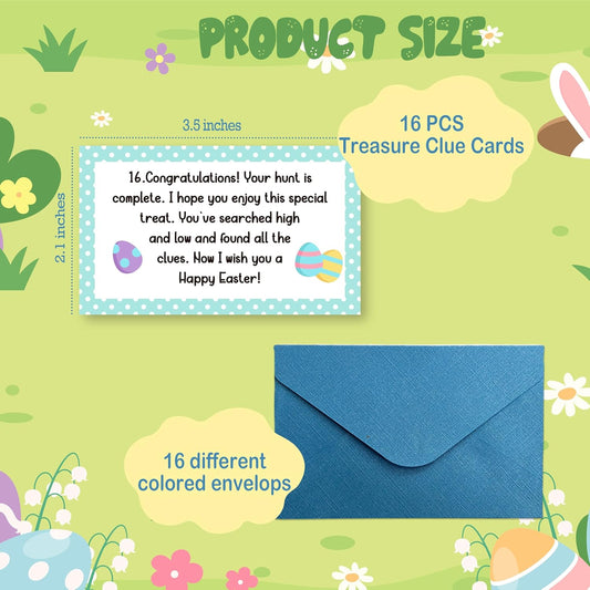 Easter Scavenger Hunt Games, 16 PCS Egg Treasure Clue Cards with Colorful Envelopes for Family, Easter Treats Game for Spring Party Decorations Supplies