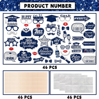 46Pcs Blue Gold Graduation Photo Booth Props 2026 Graduation Decorations with Sticks Class of 2026 Grad Party Favors Supplies for High School & College