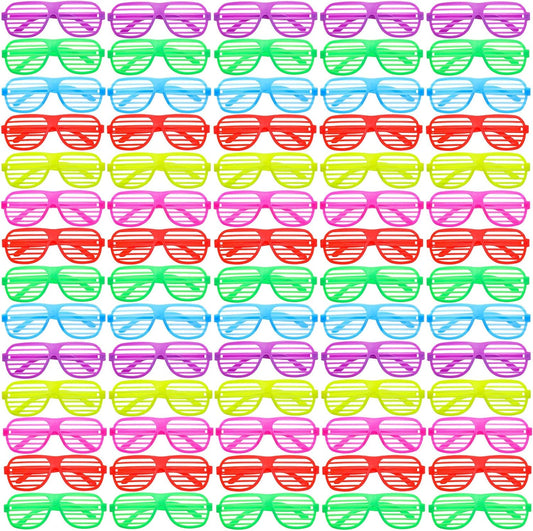 100 Pack Plastic Shutter Shades Glasses Bulk, 80's Style Slotted Shutter Shade Sunglasses, Neon Color Shade Glasses for Party Favors, School Gifts Teens Adults Birthday Supplies, Assorted Colors