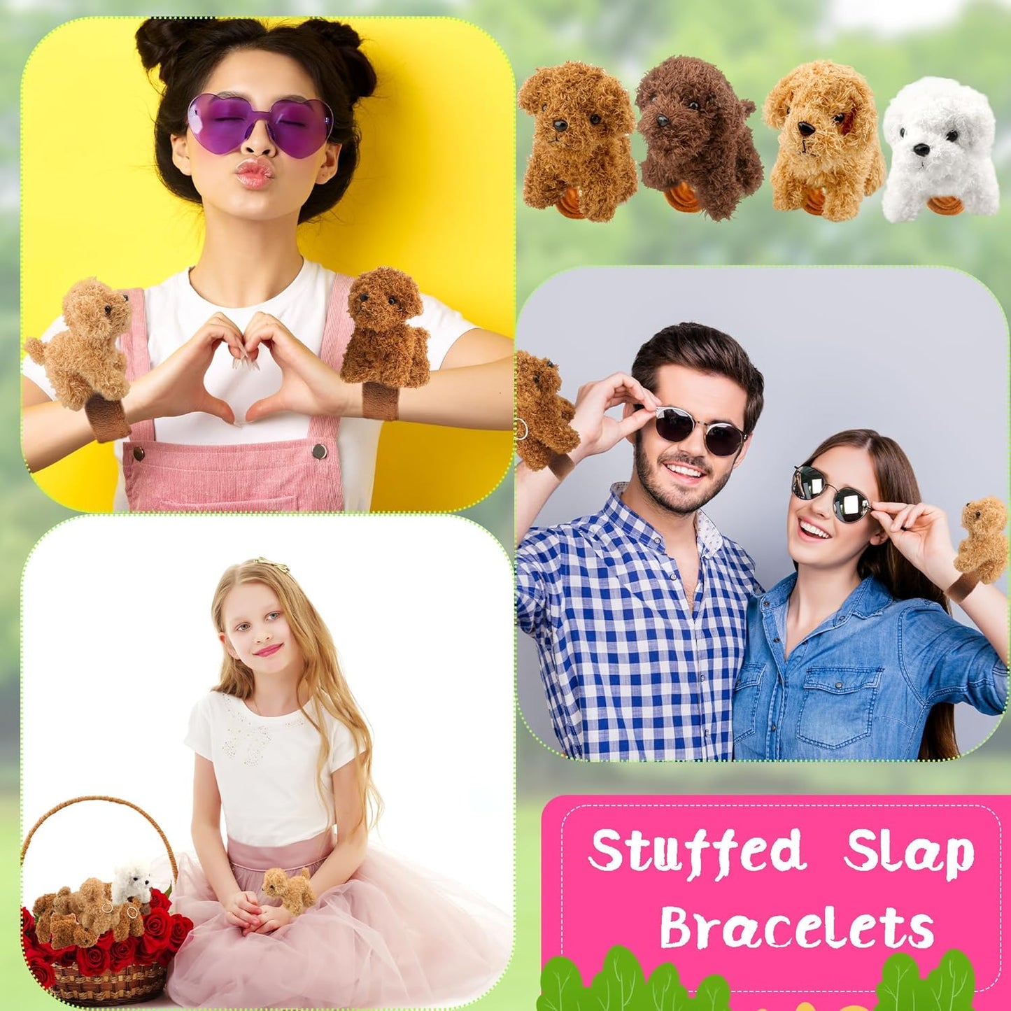 12 Pcs Stuffed Dog Animal Slap Bracelets Plush Puppy Slap Bracelets Teddy Dog Stuffed Slap Wrist Bracelets Bulk for Birthday Party Gifts Favors Goodie Bag Fillers