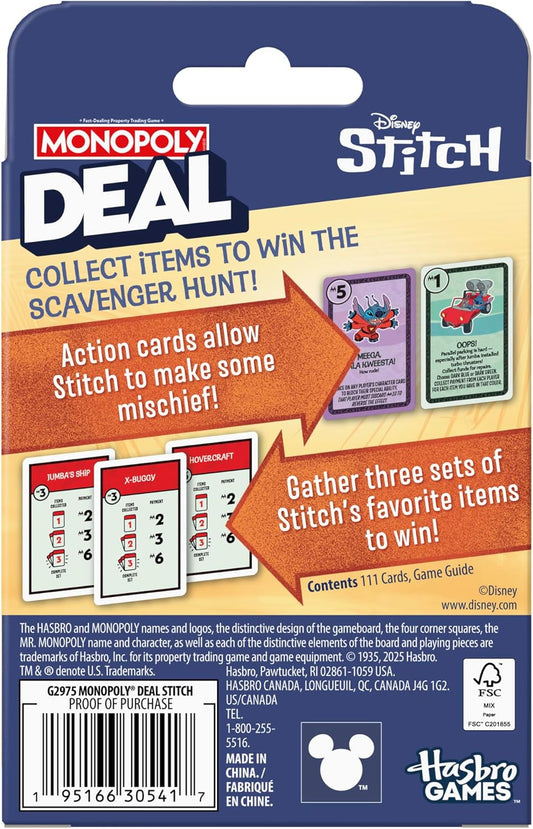 Monopoly Deal: Disney Stitch Edition Card Game | Based on Disney’s Lilo & Stitch | Officially Licensed Disney Kids Games | Ages 8+| 2-5 Players