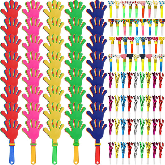 Yunsailing 112 Pcs Party Noise Makers Bulk Include Hand Clapper Noisemaker Fringed Paper Blowouts Horns for Sporting Events Kids Adults Cinco de Mayo Pep Rally Birthday Party Decor