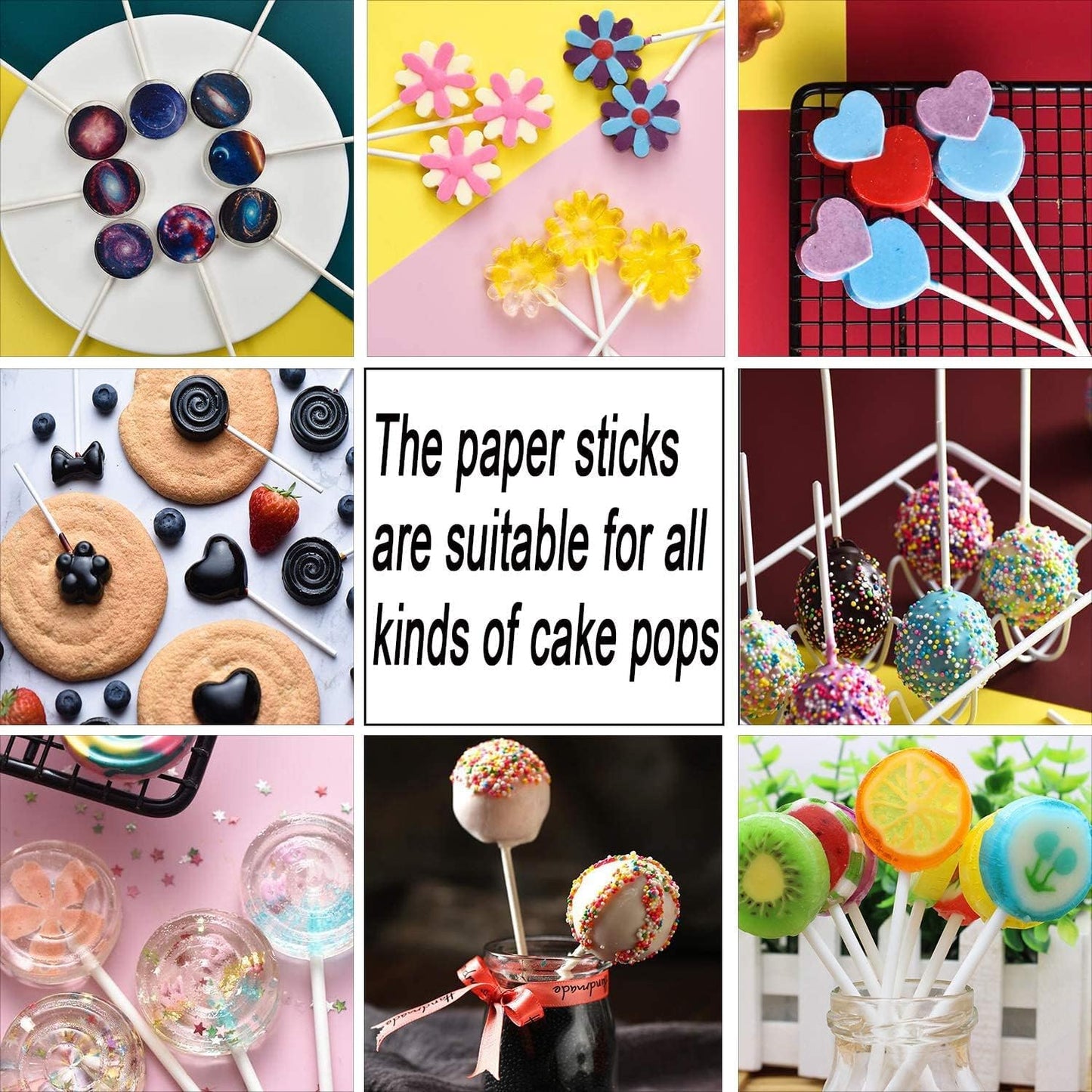 300PCS Lollipop Cake Pop Treat Bag Set Including 100pcs Parcel Bags, Papery Treat Sticks, Gold Metallic Twist Ties for Making Candies, Chocolates and Cookies