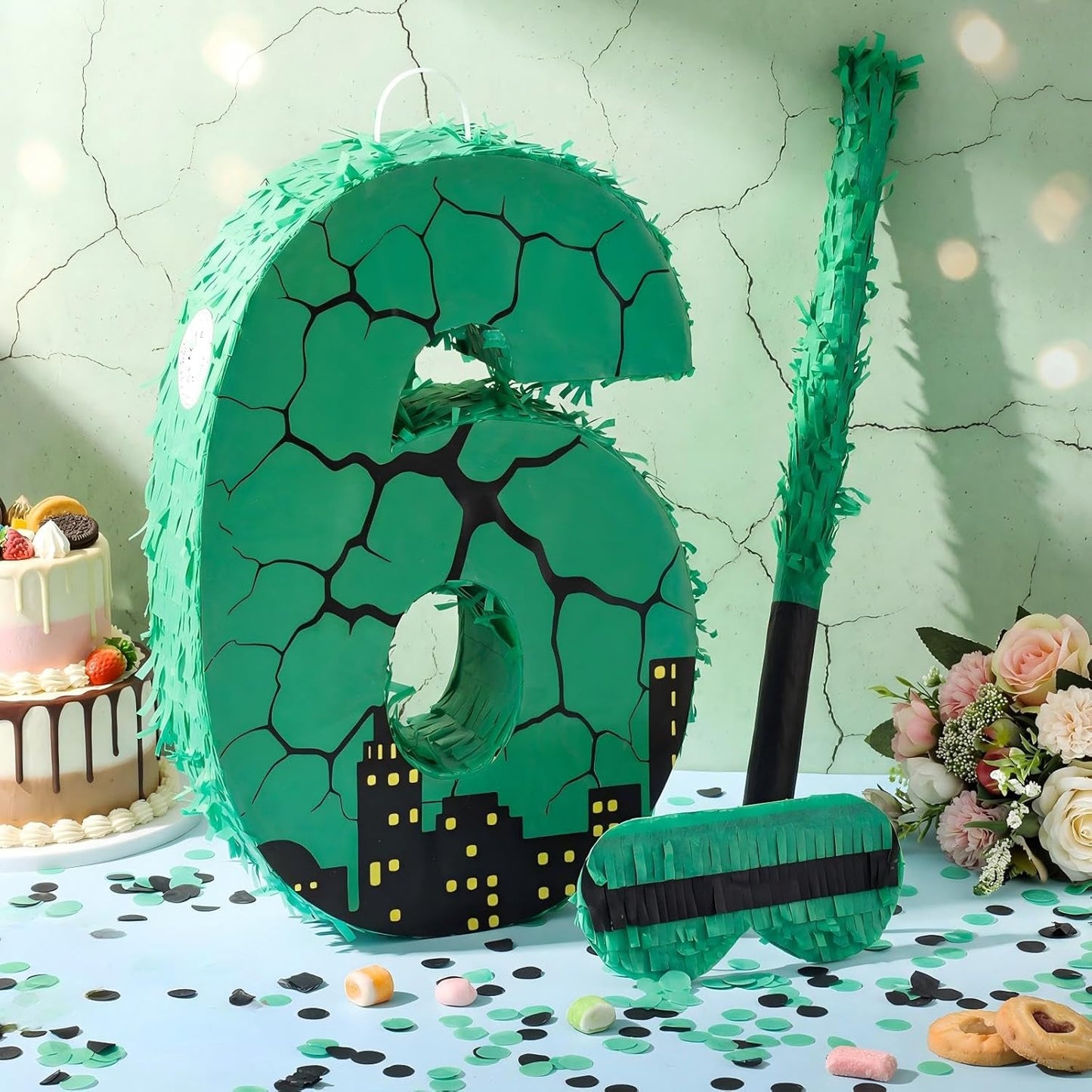 Poen Large Green Turtle Piñata Party Decoration Supplies Number 4 5 6 7 Piñata with Blindfold Stick and Confetti for Turtle Theme Birthday Party Baby Shower Photo Props Decoration(Number 7)