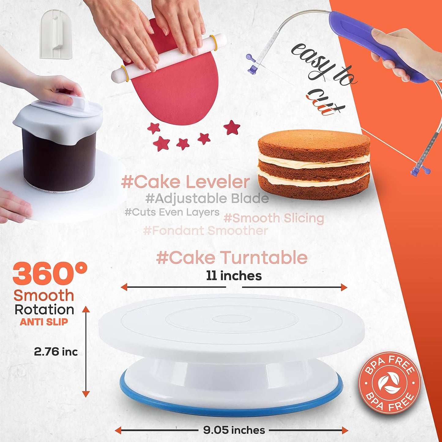 RFAQK 90PCs Cake Decorating Kit with Leveler, Baking Supplies Gift Includes Cake Stand Turntable, 24 Numbered Icing Tips, 55+1 Piping Bags, 2 Frosting Spatulas, 3 Scrappers, Video Course & Booklet