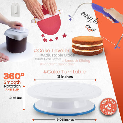 RFAQK 90PCs Cake Decorating Kit with Leveler, Baking Supplies Gift Includes Cake Stand Turntable, 24 Numbered Icing Tips, 55+1 Piping Bags, 2 Frosting Spatulas, 3 Scrappers, Video Course & Booklet