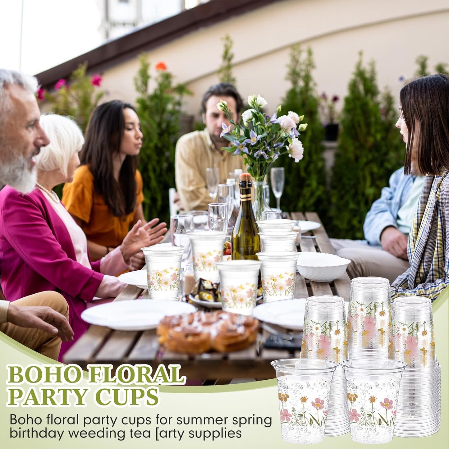 Hushee 60 Pcs Purple Floral Cups with Spring Summer Flower 16 oz Wildflowers Plastic Disposable Drinking Cups for Summer Spring Birthday Baby Shower Wedding Party Supplies