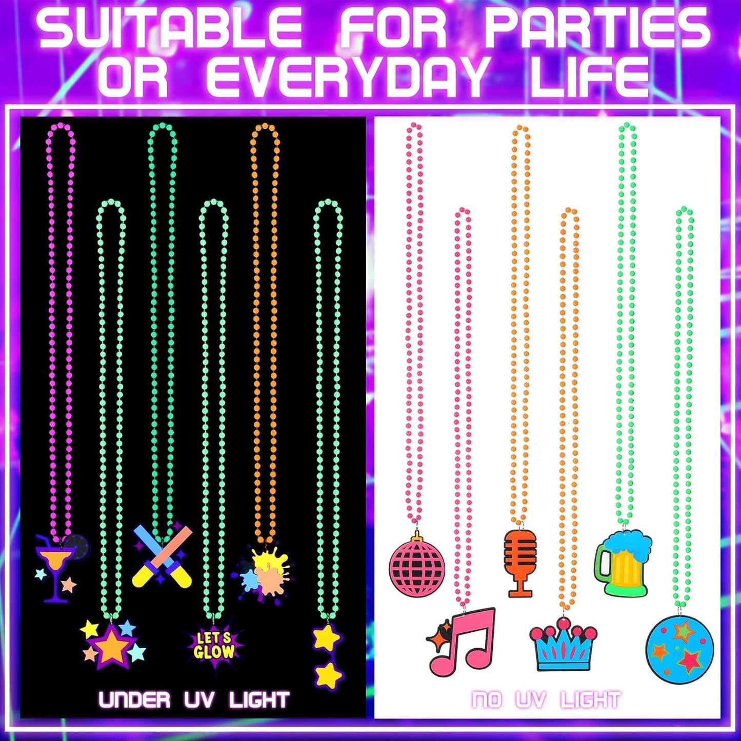 24 Pcs Glow in The Dark Beads Necklaces with Pendants, Neon Glow in The Dark Party Supplies, 33" Colorful UV Black Light Beads Necklace Glowing Photo Props for Neon Night Birthday Party Accessories