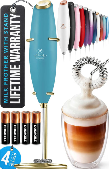 Zulay Kitchen Powerful Milk Frother Wand With Duracell Batteries - Ultra Fast Handheld Drink Mixer - Electric Whisk Foam Maker for Coffee, Lattes, Cappuccino & Matcha - Z1 Motor - Black - Colors D