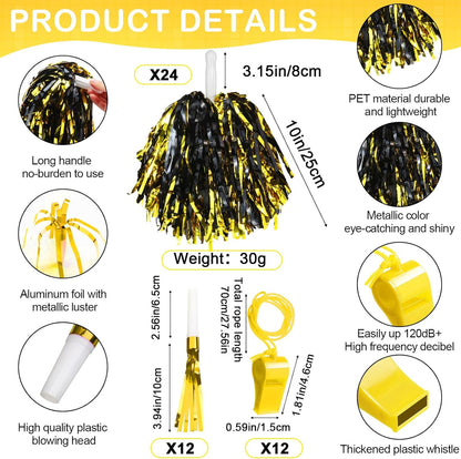 Yunsailing 96 Pcs Homecoming Noisemakers Team Spirit Accessories for Game Day Include Hand Clappers Cheerleading Pom Pom Thunder Stick Cheer Party Blower Plastic Whistle for Sport Fans(Gold)