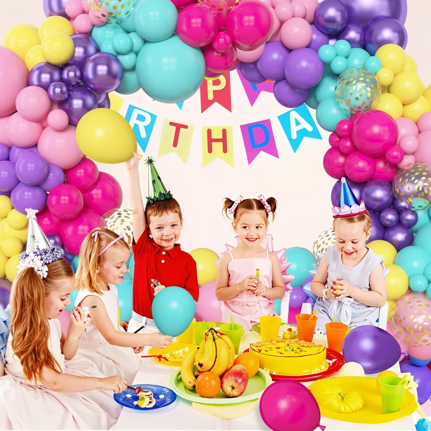 Amandir 153pcs Purple Blue Pink Balloon Garland Arch Kit, Different Sizes 18 12 10 5 inch Teal Yellow Latex Metallic Confetti Balloons for Magic Birthday Engagement Party Decoration