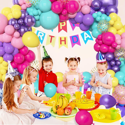 Amandir 153pcs Purple Blue Pink Balloon Garland Arch Kit, Different Sizes 18 12 10 5 inch Teal Yellow Latex Metallic Confetti Balloons for Magic Birthday Engagement Party Decoration