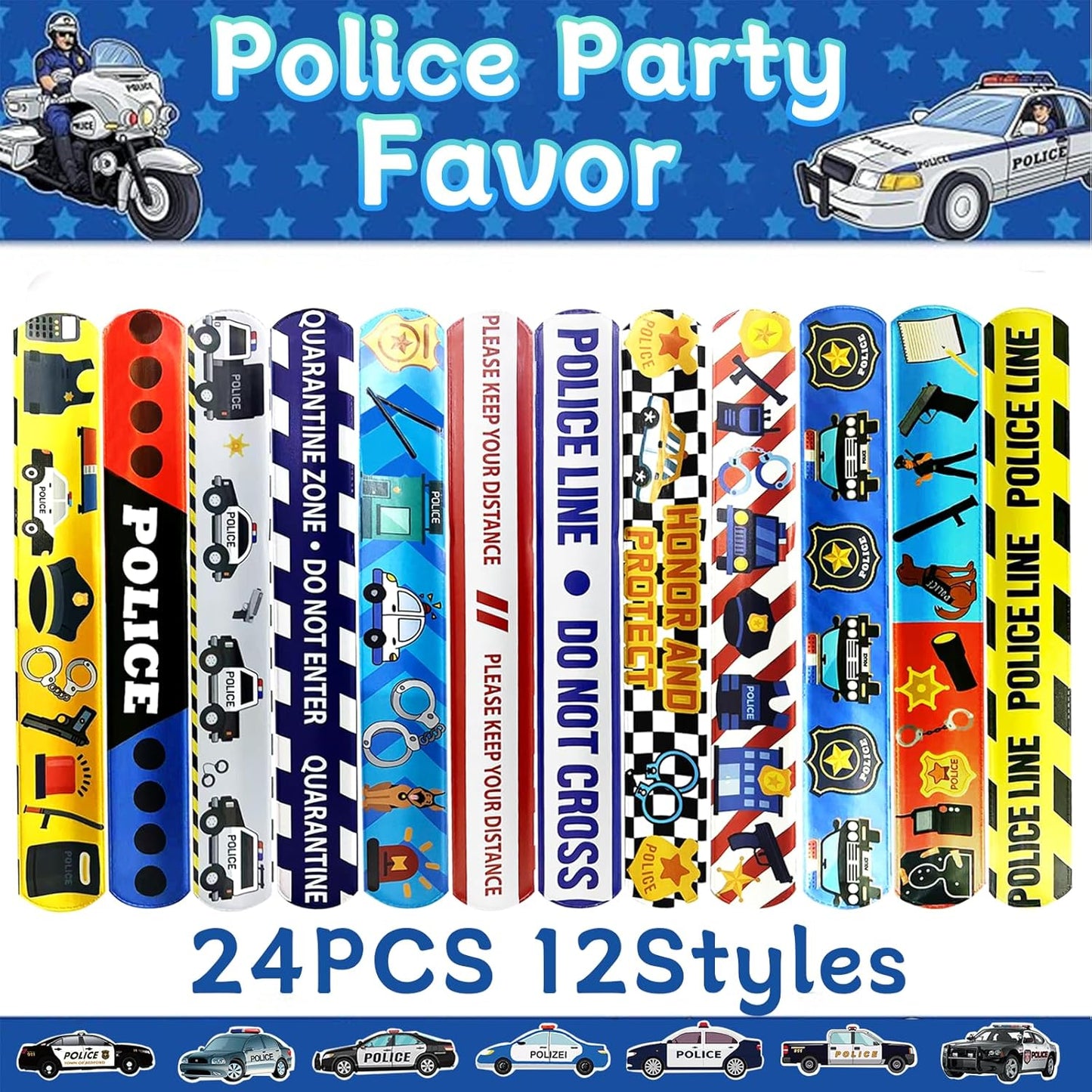 74PCS Police Theme Slap Bracelets and Stickers Set – 24 Slap Bracelets & 50 Stickers – Perfect for Party Decorations, Police Theme Events Birthday Parties Police Gift Bag Fillers