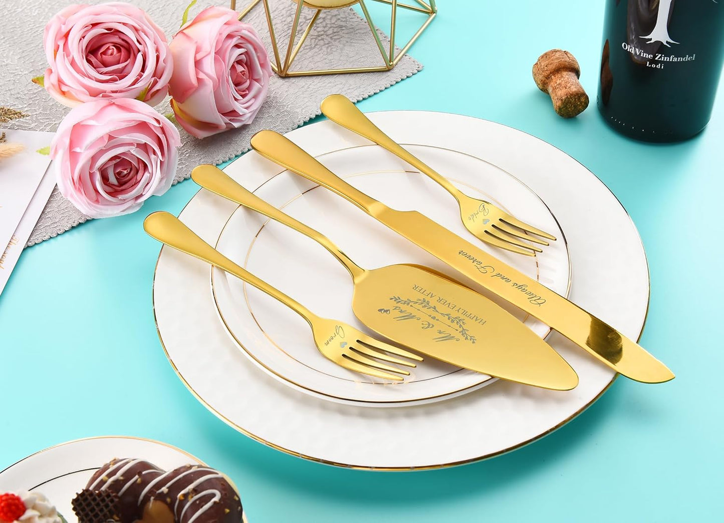 Wedding Cake Knife and Server Set, Gold Cake Cutting Set for Wedding, 4 Pieces Set with Forks for Engagements, Anniversaries, Bride and Groom