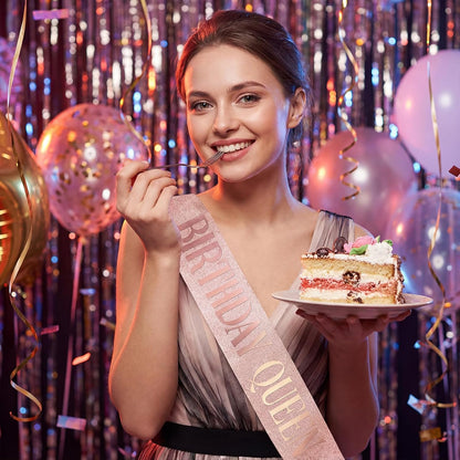 Piriuuo Rose Gold Birthday Queen Sash, Glitter Happy Birthday Sash for Women with Gold Foil 'Birthday Queen' Birthdays Sashs for Girls Women