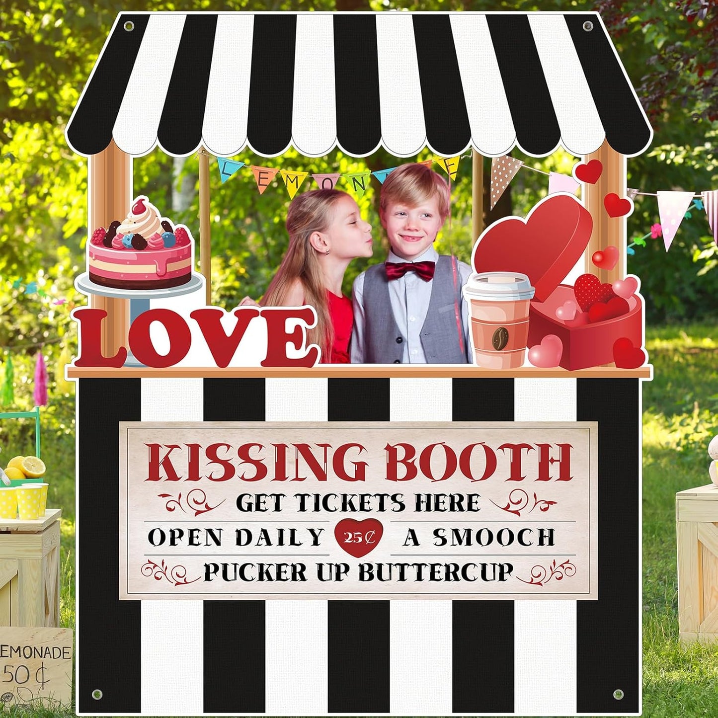 Valentine's Day Kissing Booth Backdrop Photo Prop Selfie Frame Movie Party Decor Black & White Love Theme Decoration Fabric Photo Backdrop for Holiday Event Carnival Party Celebration 71.3x59.6 Inch