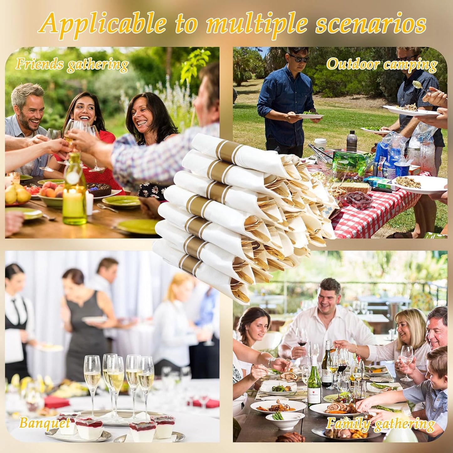 Supernal 240 Silver Plastic Silverware Set - 60 Sets Pre Rolled Napkins with Cutlery - Mirror Polished Real Look Disposable Silver Utensils- Elegant Heavy Duty Flatware for Weddings & Catering