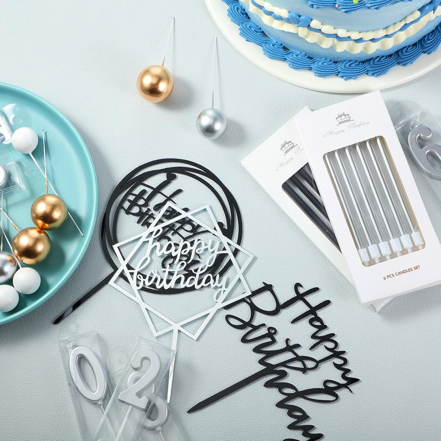 Yerliker 34 Pcs Happy Birthday Cake Toppers Decorations Birthday Candles DIY Cake Decor for Men Women Wedding Anniversary(Gold)