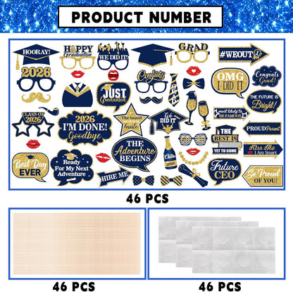 46Pcs Blue Gold Graduation Photo Booth Props 2026 Graduation Decorations with Sticks Class of 2026 Grad Party Favors Supplies for High School & College