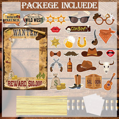 West Wanted Photo Booth Props Selfie Frames & 25 Pieces Western Photo Booth Props, Wild West Themed Party Decoration, West Cowboy Theme Party Supplies, Cowgirl Bachelorette Party