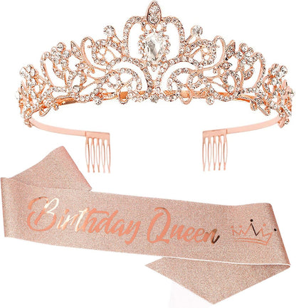 COCIDE Birthday Queen Sash & Rhinestone Tiara Set Gold Happy Birthday Crowns for Women Party Decoration Kit Rhinestone Headband for Women Glitter Crystal Hair Accessories for Cake Topper