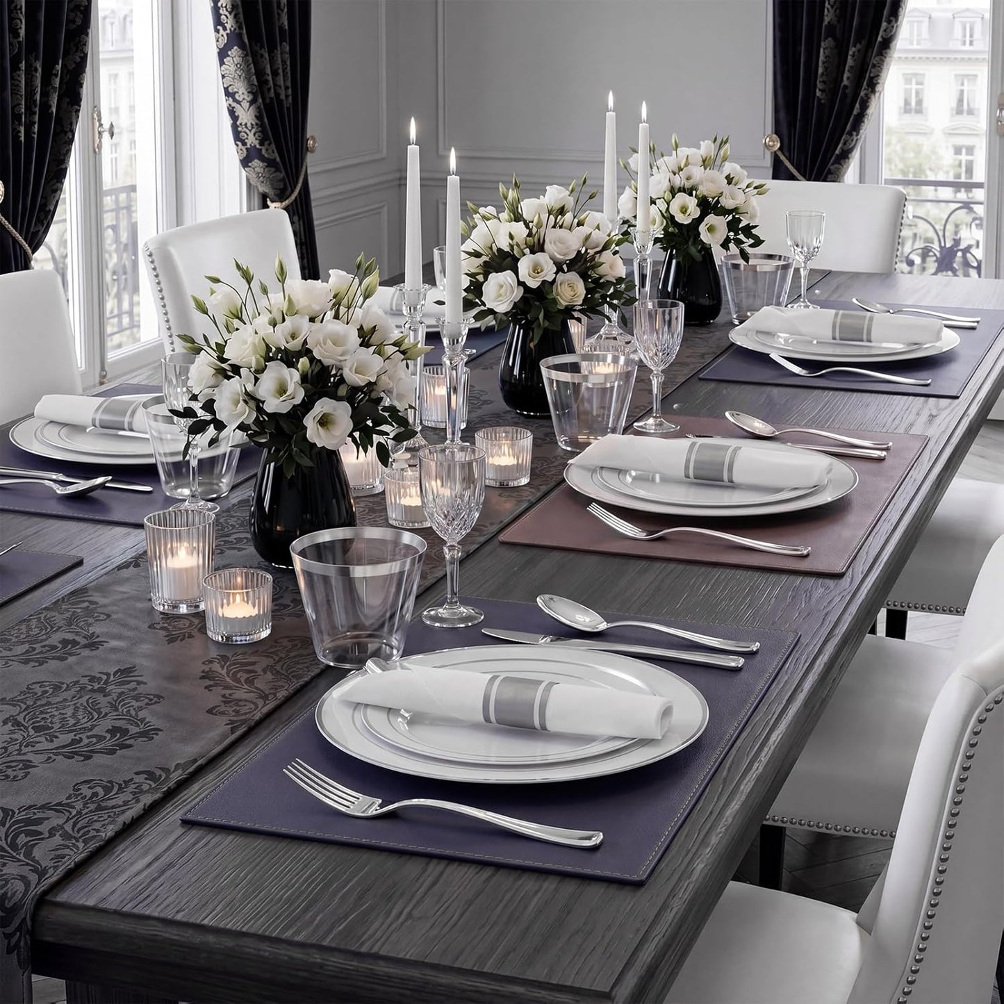 350 Pieces Black and Gold Plastic Plates with Disposable Silverware, Include 50 Dinner Plates 9”, 50 Dessert Plates 6.3”, 50 Black Cups 9 OZ, 50 Pre Rolled Napkins for Wedding Party Graduation