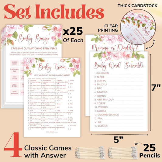 Woodamore Funny Baby Shower Games For Girl - Floral Baby Shower Bingo Cards For 25 Guests, Word Scramble Trivia Mommy Or Daddy Game, Wildflower Baby Shower Decorations Ideas