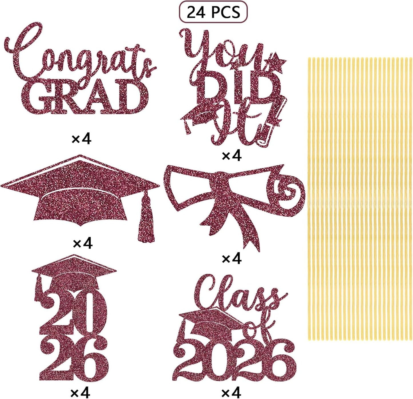 Graduation Centerpiece Sticks 24PCS Glitter Grad Picks Party Table Decor Senior High School College Sign Gold