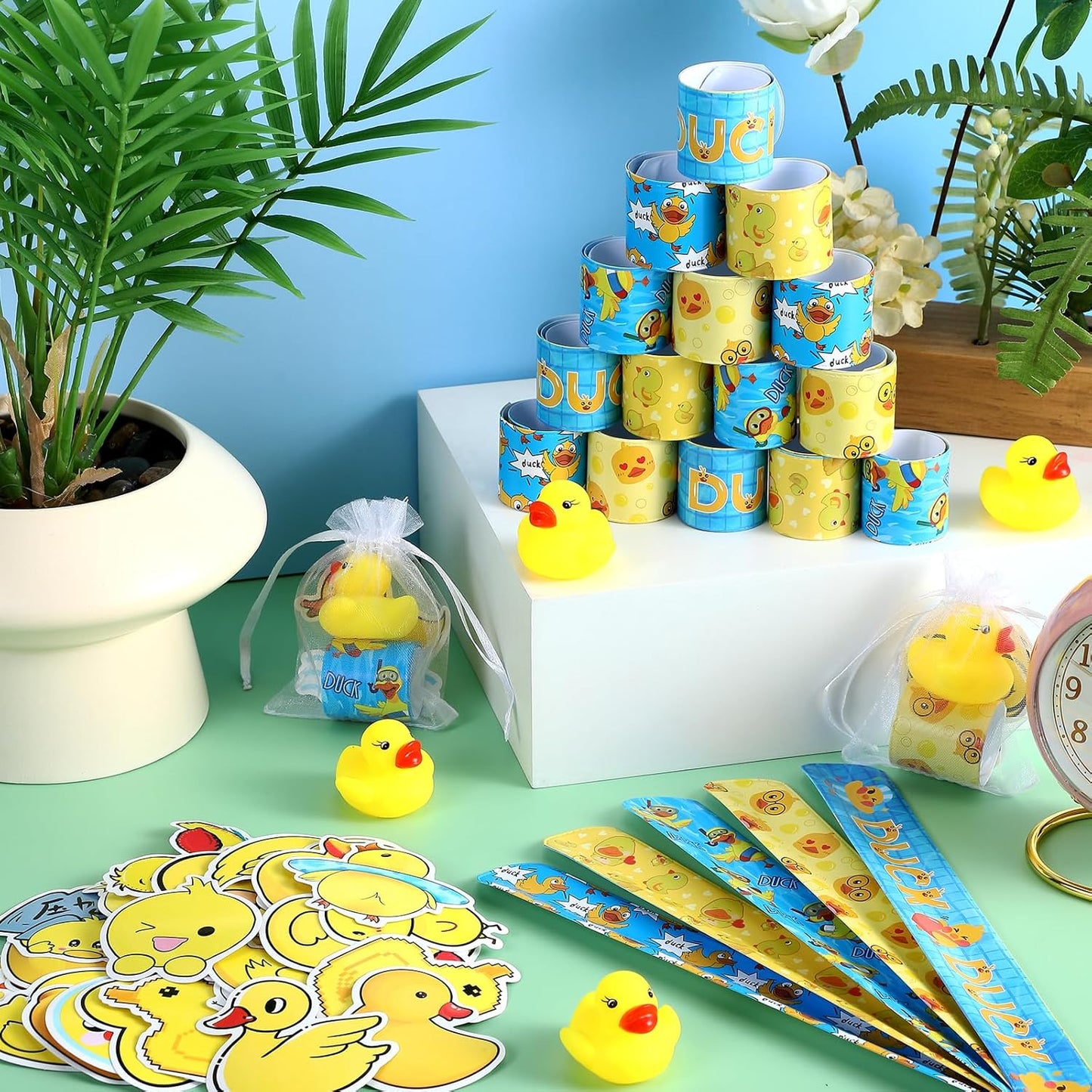 Realspring 122 Pcs Duck Party Favors 24 Pcs Mini Rubber Duck Slap Bracelets Stickers White Organza Bags Cute Gifts Supplies for Birthday Shower Prizes Decorations