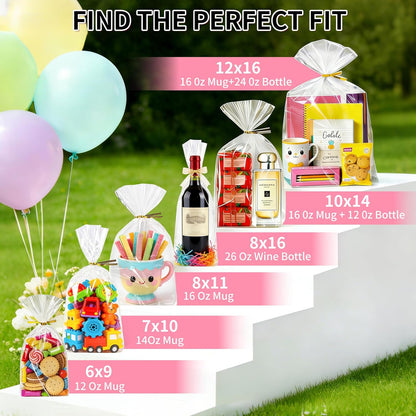 Soarvita 7x10 Inch Cellophane Treat Bags, 50 Pcs Clear Gift Bags with Bottom Gusset for Stand-Up Display, Cellophane Gift Wrap with 60 Gold Ties for Goodies, Treats, Candy, Party Favors, Toys
