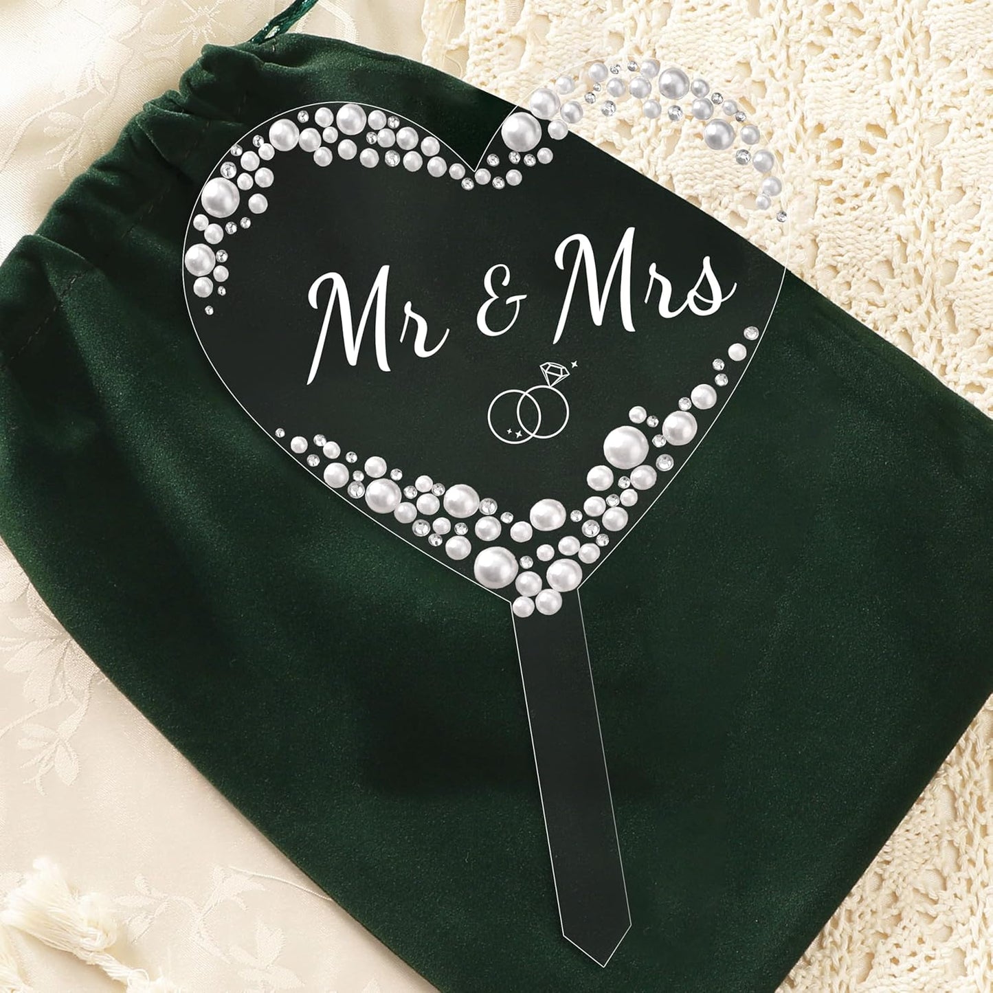 Coucoland Mr and Mrs Cake Topper - Heart Wedding Cake Decor with Rhinestones and Pearls for Engagement Bridal Anniversary