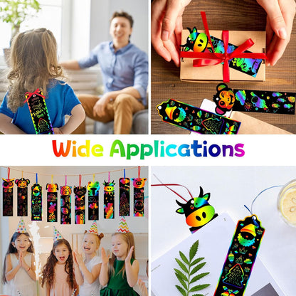 100 Sets Scratch Art Bookmark Making Kit, DIY Animal Bulk Bookmarks with 100PCS Ribbons and 100PCS Wood Stylus for Kids 4-14 Years Old Students Classroom Prizes Gifts & Party Favors, 13 Styles