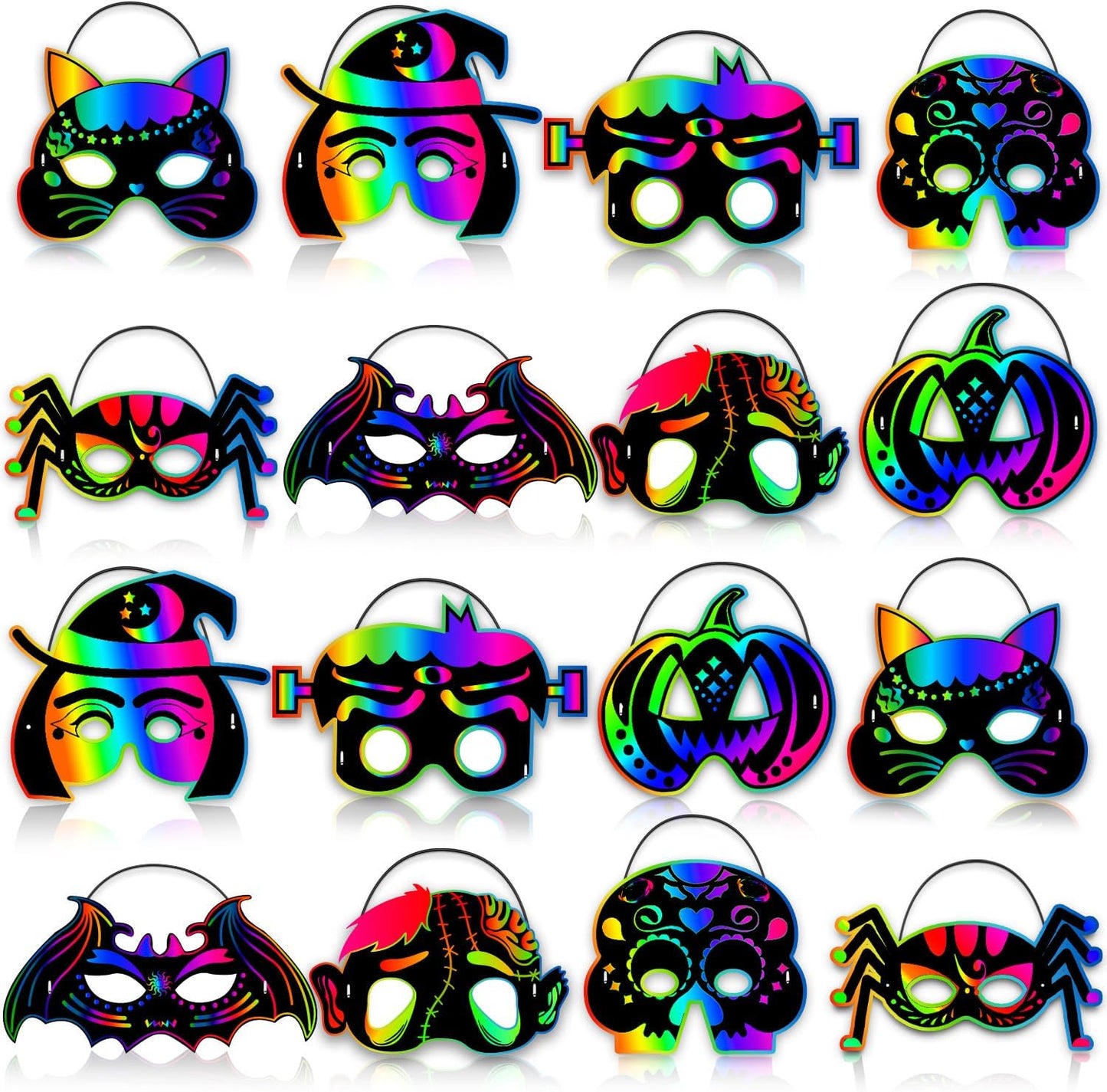 Natonhi 32Pcs Halloween Crafts for Kids Rainbow Scratch Mask, Halloween Games Scratch Art and Craft Kit Classroom Activities Favors Party Supplies