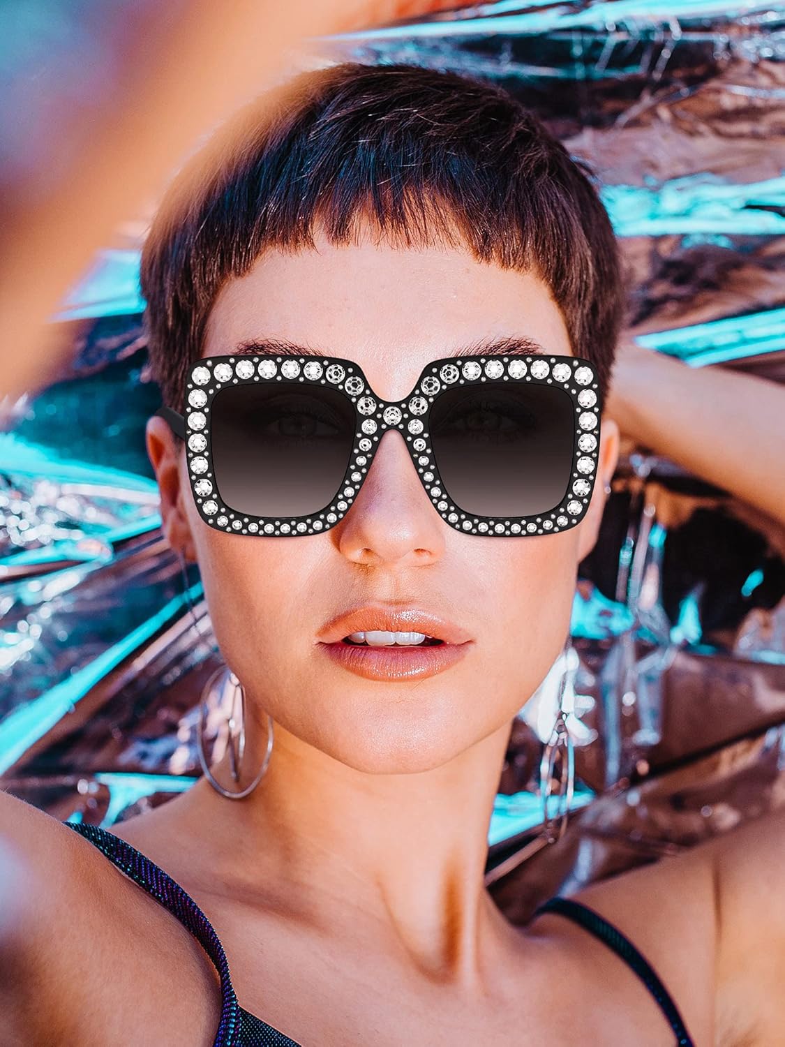 9 Pairs Rhinestone Oversized Square Sunglasses for Women Sparkling Bling Crystal Sunglasses AC Frame Glasses for Women