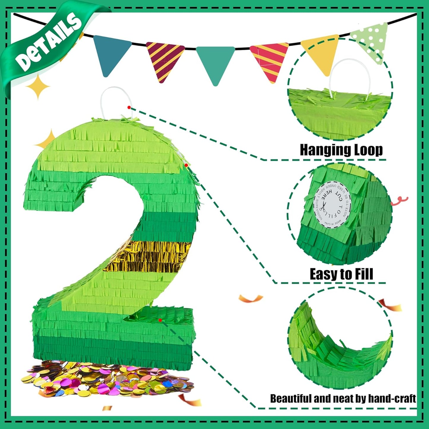 PCFING 20 Inch Number 1 Piñata Green Gold with 30 Inch Piñata Stick Blindfold Confetti for Boy Girl Adults Birthday Party Decorations, Anniversary Celebration, Fiesta