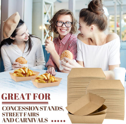 Ocmoiy 1lb Paper Food Trays, 100 Pack Heavy Duty Kraft Food Boats Holders Disposable Serving Basket Trays for Nachos, Fries, BBQ, Festivals, Party