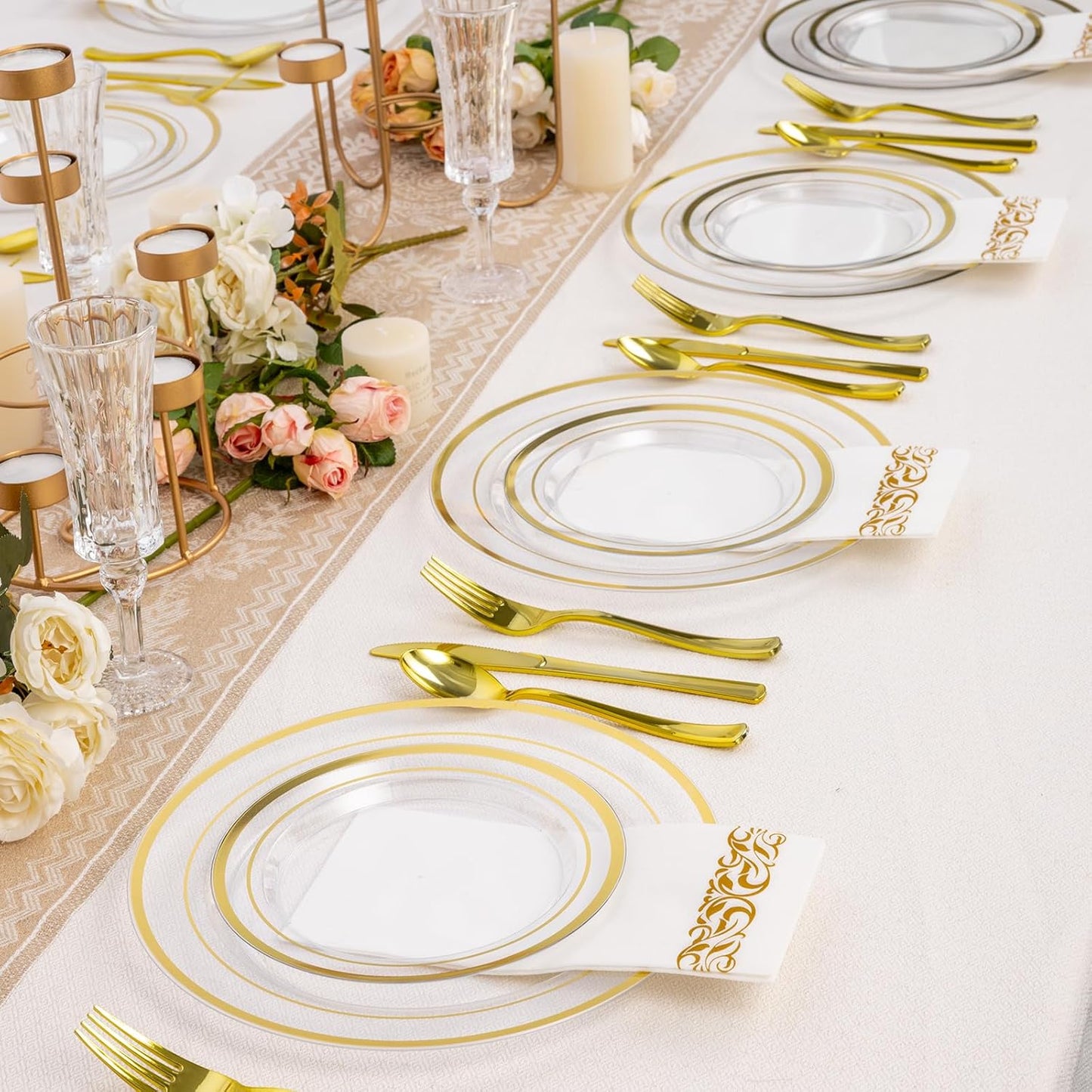 Goodluck 200PCS Gold Plastic Plates, Heavy Duty Disposable Gold Plates with 100 10.25 inch Dinner Plates and 100 7.5 inch Dessert Plates for Party, Holiday, Wedding, Thanksgiving