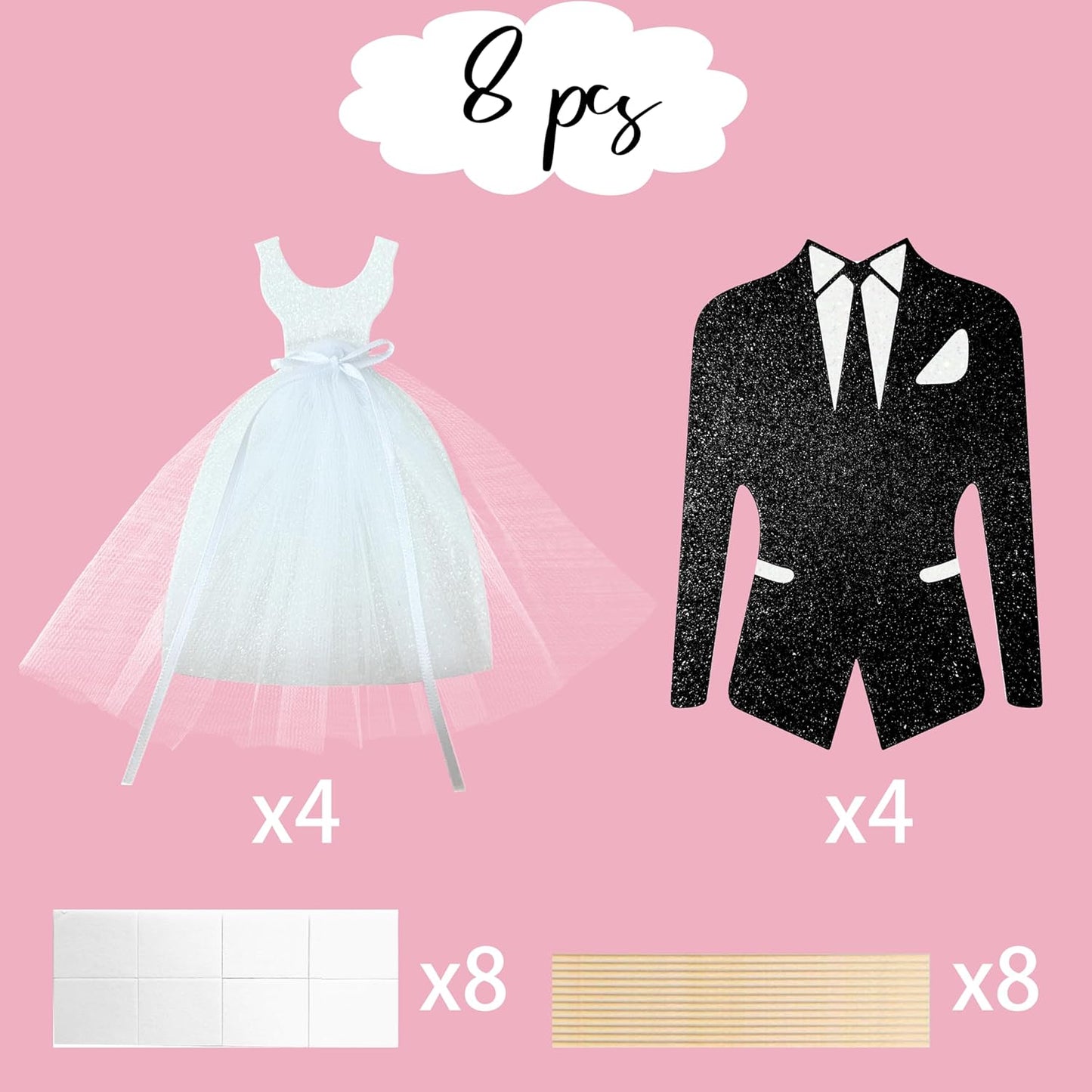 8pcs Bridal Shower Centerpiece Sticks Glitter Wedding Party Centerpiece Decorations for Bride and Groom White Tulle Dress Black Tuxedo Dress Theme Party Table Toppers for Bridal Shower Supplies