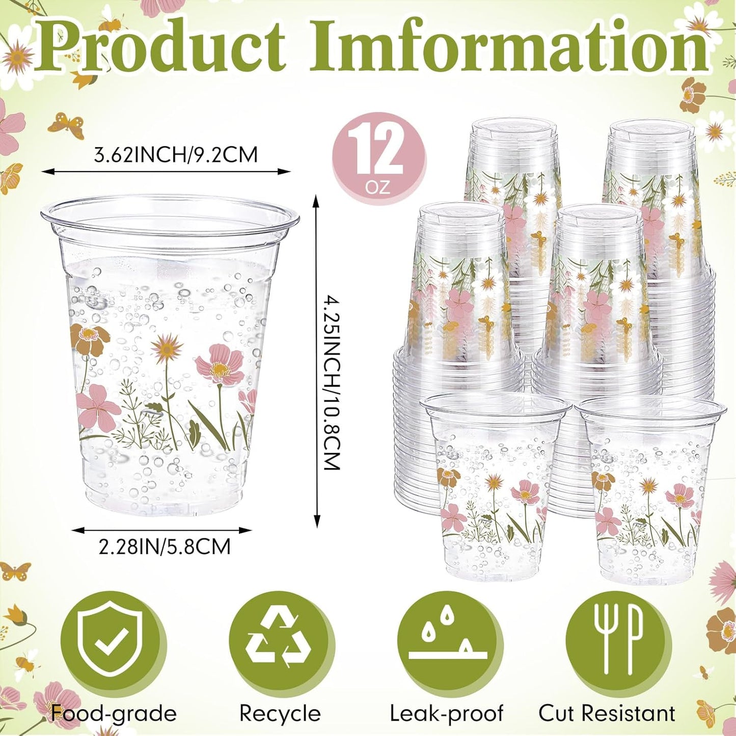 Hushee 60 Pcs Purple Floral Cups with Spring Summer Flower 16 oz Wildflowers Plastic Disposable Drinking Cups for Summer Spring Birthday Baby Shower Wedding Party Supplies