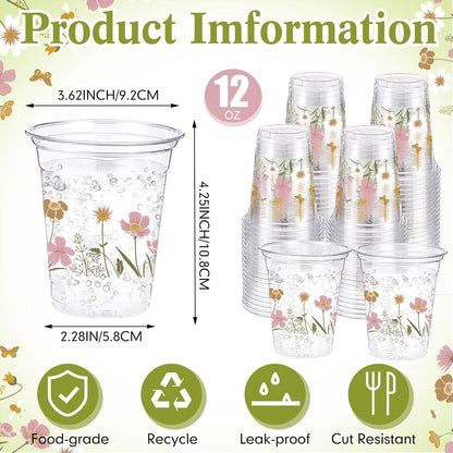 Hushee 60 Pcs Purple Floral Cups with Spring Summer Flower 16 oz Wildflowers Plastic Disposable Drinking Cups for Summer Spring Birthday Baby Shower Wedding Party Supplies
