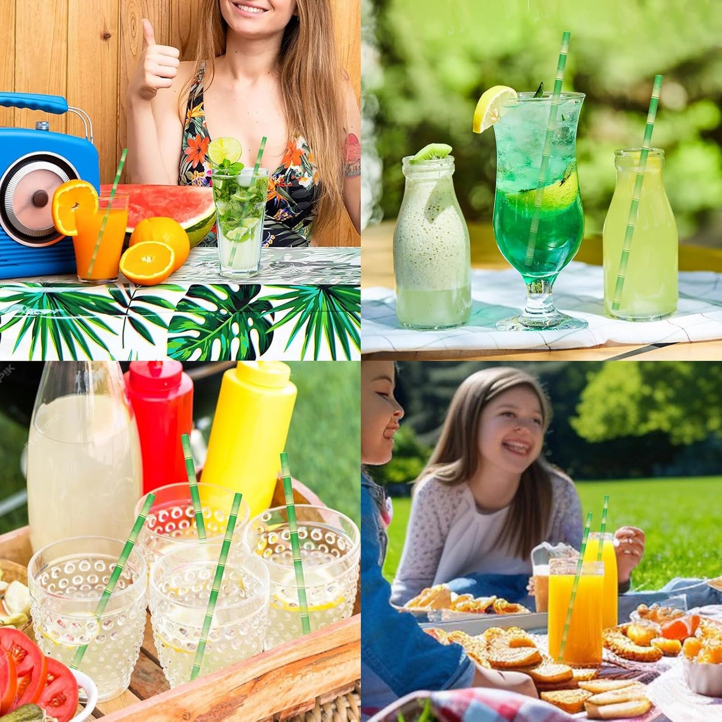 Disposable Paper Straws Solid Green - 7.75'' x 0.24'', 100 Counts - for Drinking, Beverage, Juice, Soda, Bar Supplies
