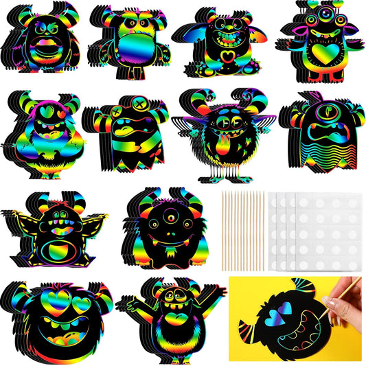 Lincia 60 Pcs Monster Scratch Cards Halloween Crafts for Halloween Paper Art Monster Gaming Crafts for Scratch Paper Birthday Supplies Home Decoration, 12 Styles, Party Gift