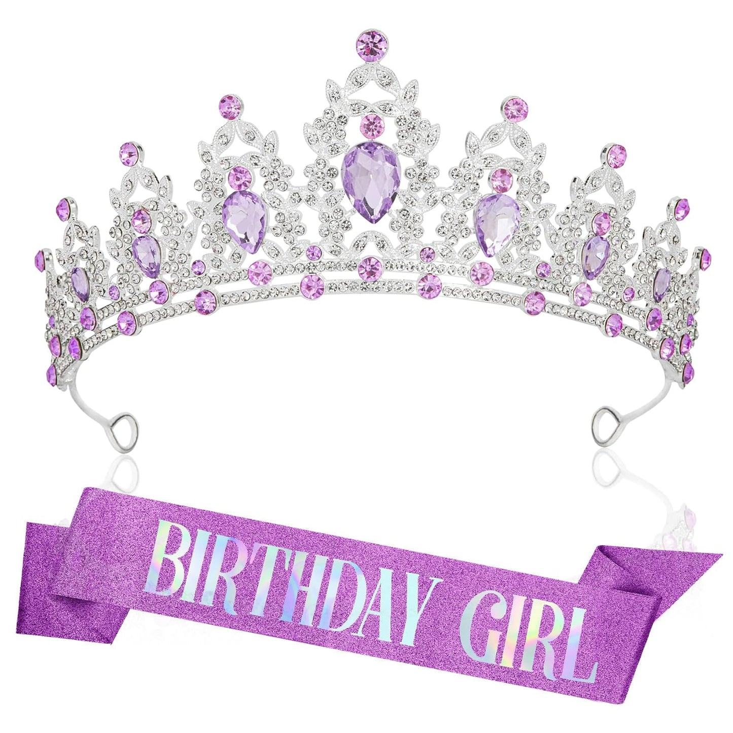 Silver Birthday Crown Headband with Sash for Women - Rhinestone Tiara for Birthday Parties