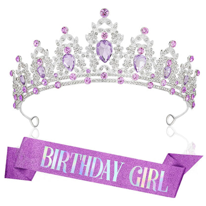 Silver Birthday Crown Headband with Sash for Women - Rhinestone Tiara for Birthday Parties