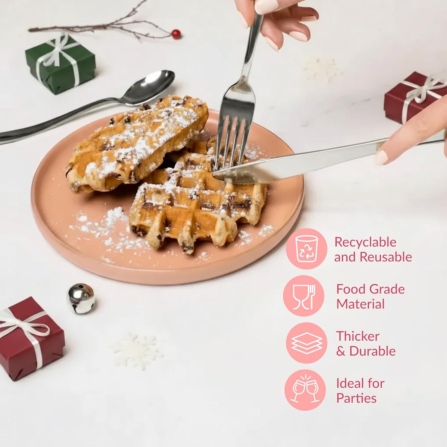 Prestee 300 Piece Heavy Duty Plastic Silverware Set - 100 of Each Silver Plasticware Forks, Spoons, Knives - Flatware Cutlery for Weddings - Durable Disposable Plastic Utensils for Catering, Buffets