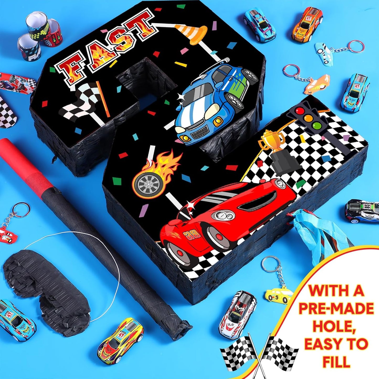 Pasimy Number 3 Piñata Race Car Party Favors Set with Black Red Birthday Piñata Stick Blindfold Slap Bracelet Keychain Sticker Racecar Party Gifts Birthday Decorations Goodie Bag Stuffer Supplies