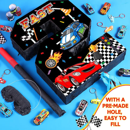 Pasimy Number 3 Piñata Race Car Party Favors Set with Black Red Birthday Piñata Stick Blindfold Slap Bracelet Keychain Sticker Racecar Party Gifts Birthday Decorations Goodie Bag Stuffer Supplies