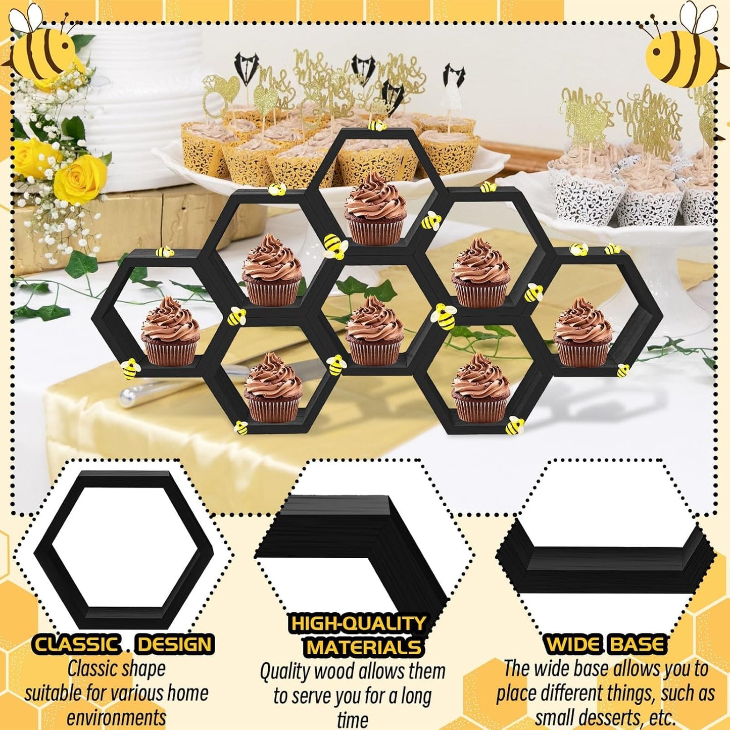 8 Pcs 4.13 Inch Honeycomb Cupcake Stand Cake Farmhouse Hexagon Display Holder Hexagonal Wood Cupcake Stand Floating Table Sign with Wooden Bee for Wedding Baby Shower Birthday Party Table Decorations
