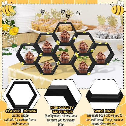 8 Pcs 4.13 Inch Honeycomb Cupcake Stand Cake Farmhouse Hexagon Display Holder Hexagonal Wood Cupcake Stand Floating Table Sign with Wooden Bee for Wedding Baby Shower Birthday Party Table Decorations